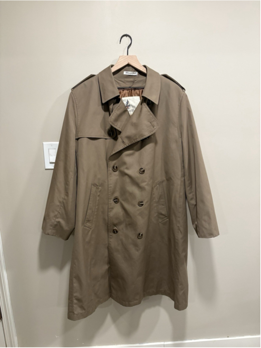 Mens Trench Coat 44R Tan Khaki Double Breasted Long Raincoat Misty Harbor